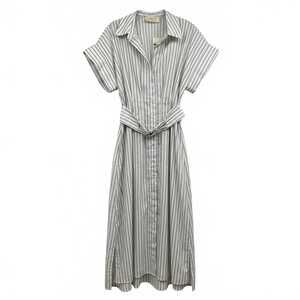 Exquise White–Black Striped Belted Button Up Midi Dress | Women M